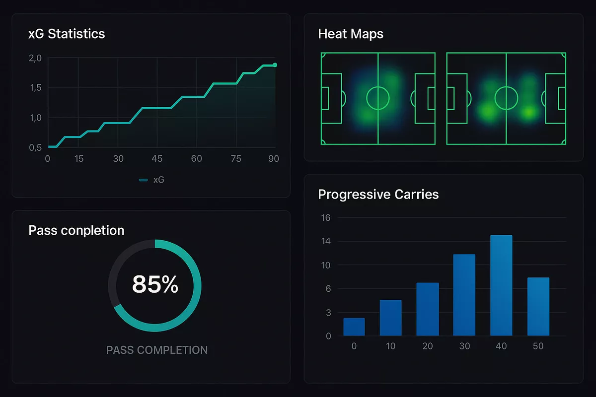 Tableau de bord moderne avec statistiques xG, cartes de chaleur et visualisations de données