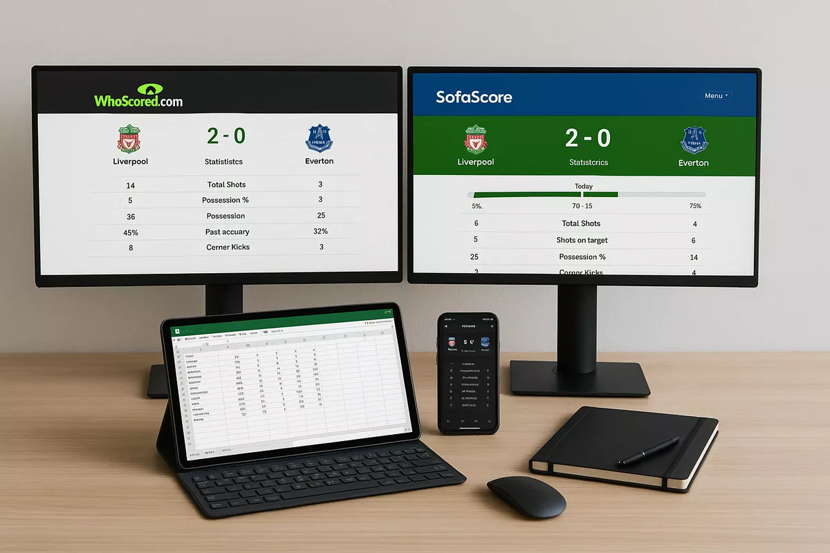 Configuration moderne de bureau avec écrans affichant WhoScored et SofaScore