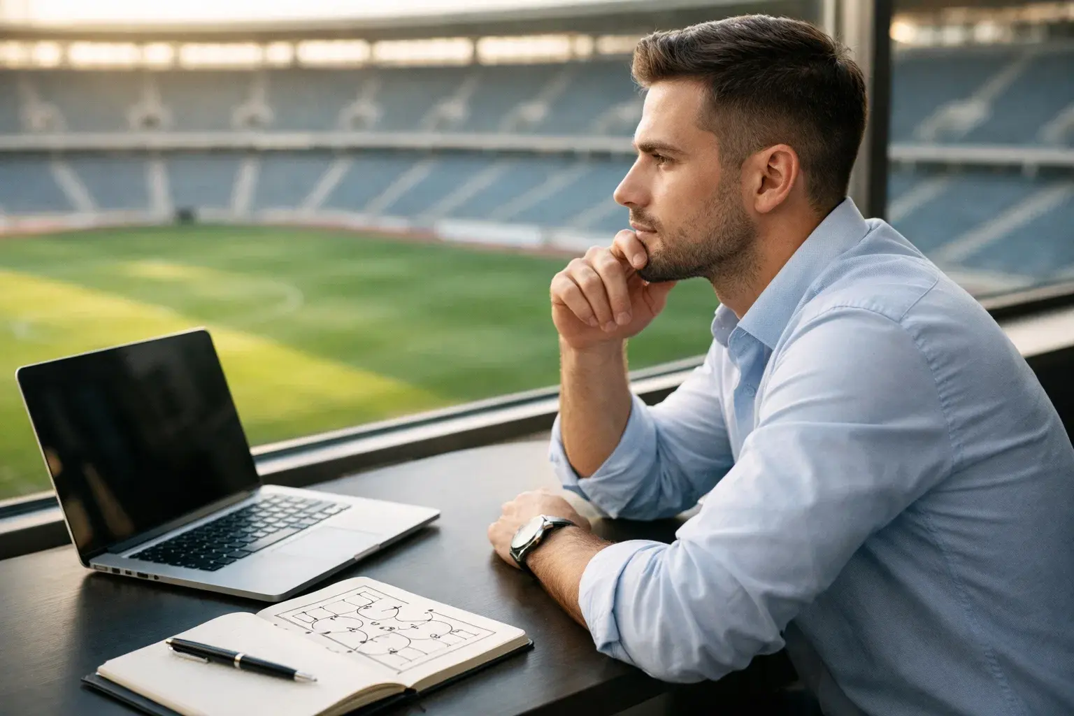 Analyste concentré devant un terrain de football avec des données tactiques