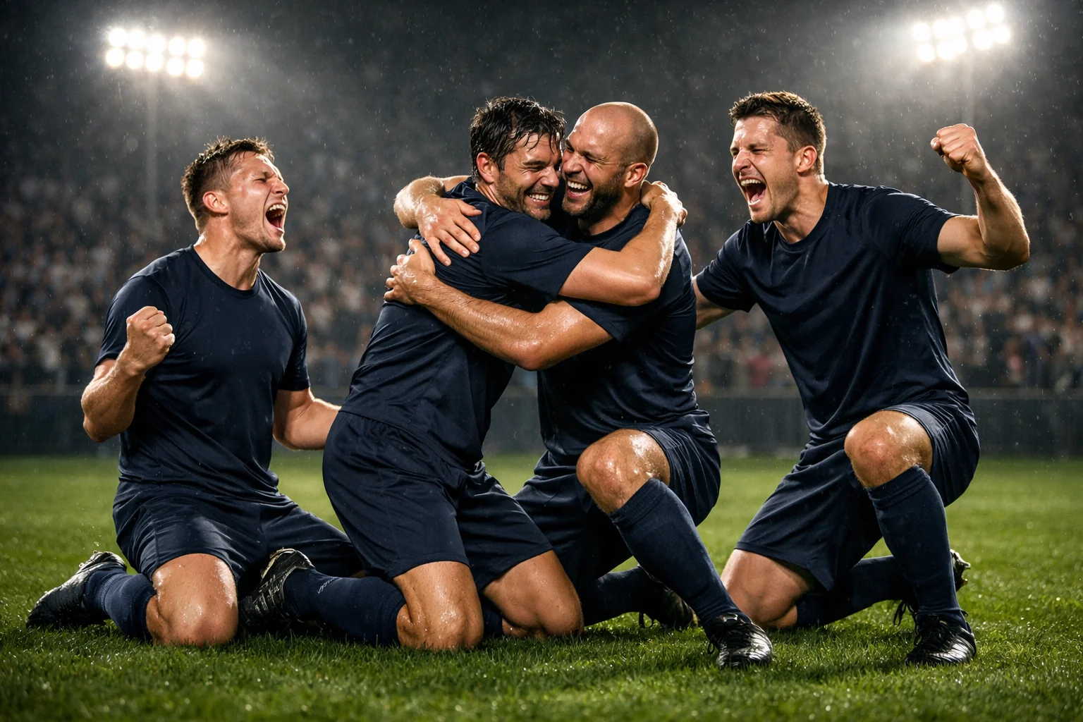 Joueurs de football célébrant une victoire sur le terrain d'un stade