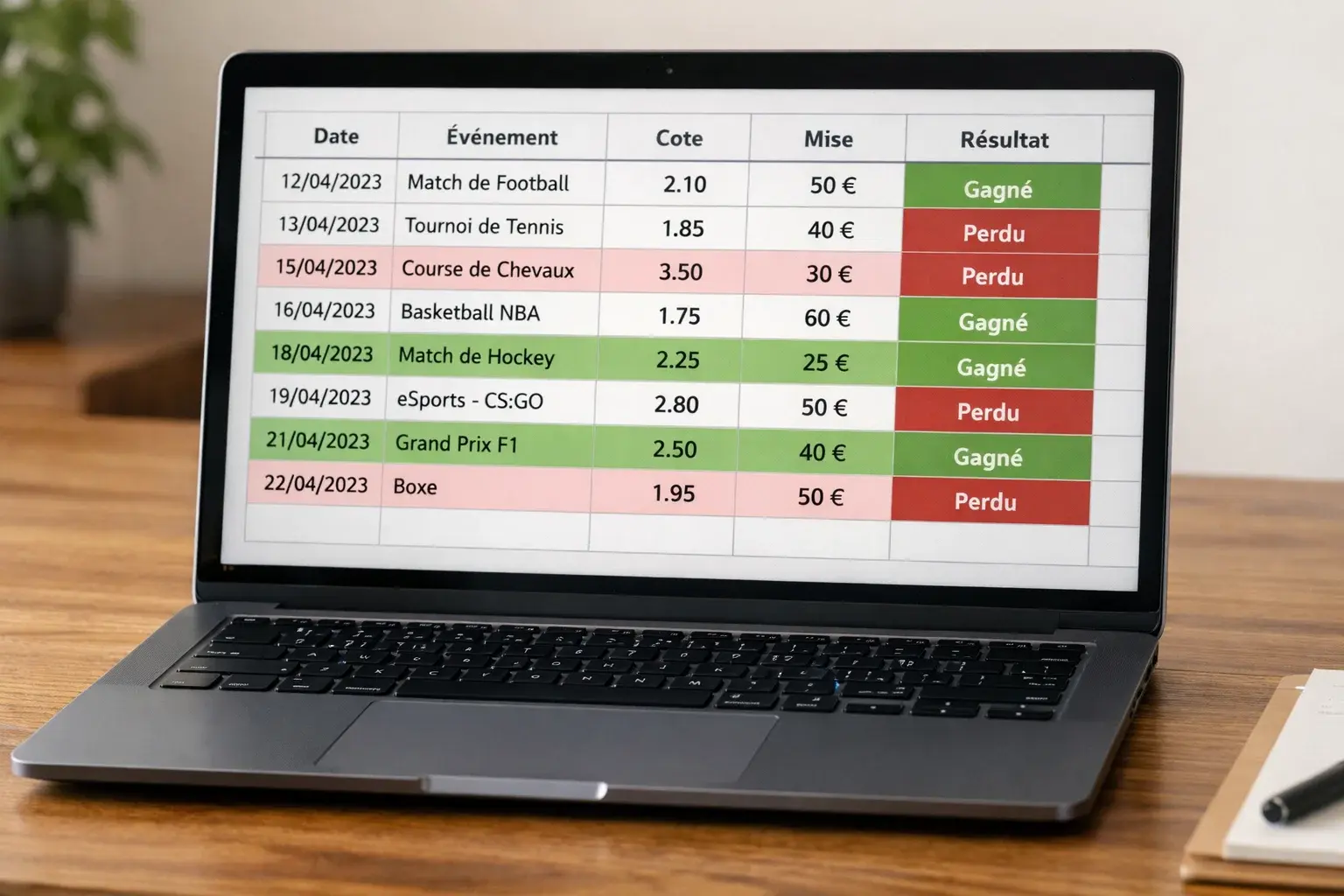 Écran montrant un tableur de suivi de paris sportifs organisé