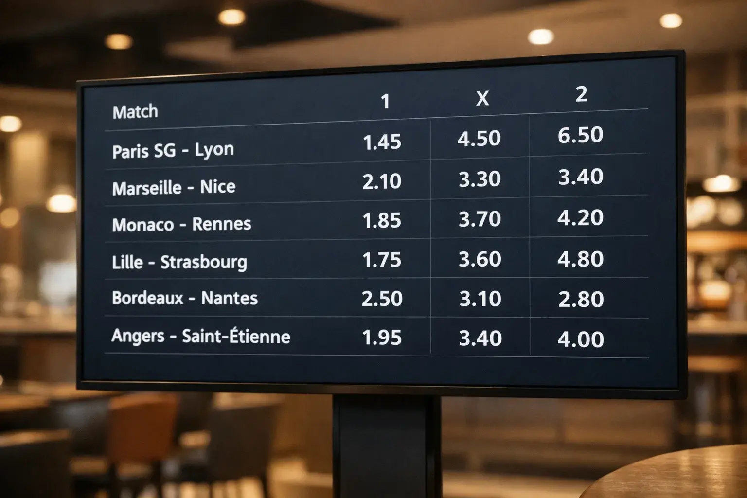 Écran affichant des cotes de paris sportifs pour un match de football