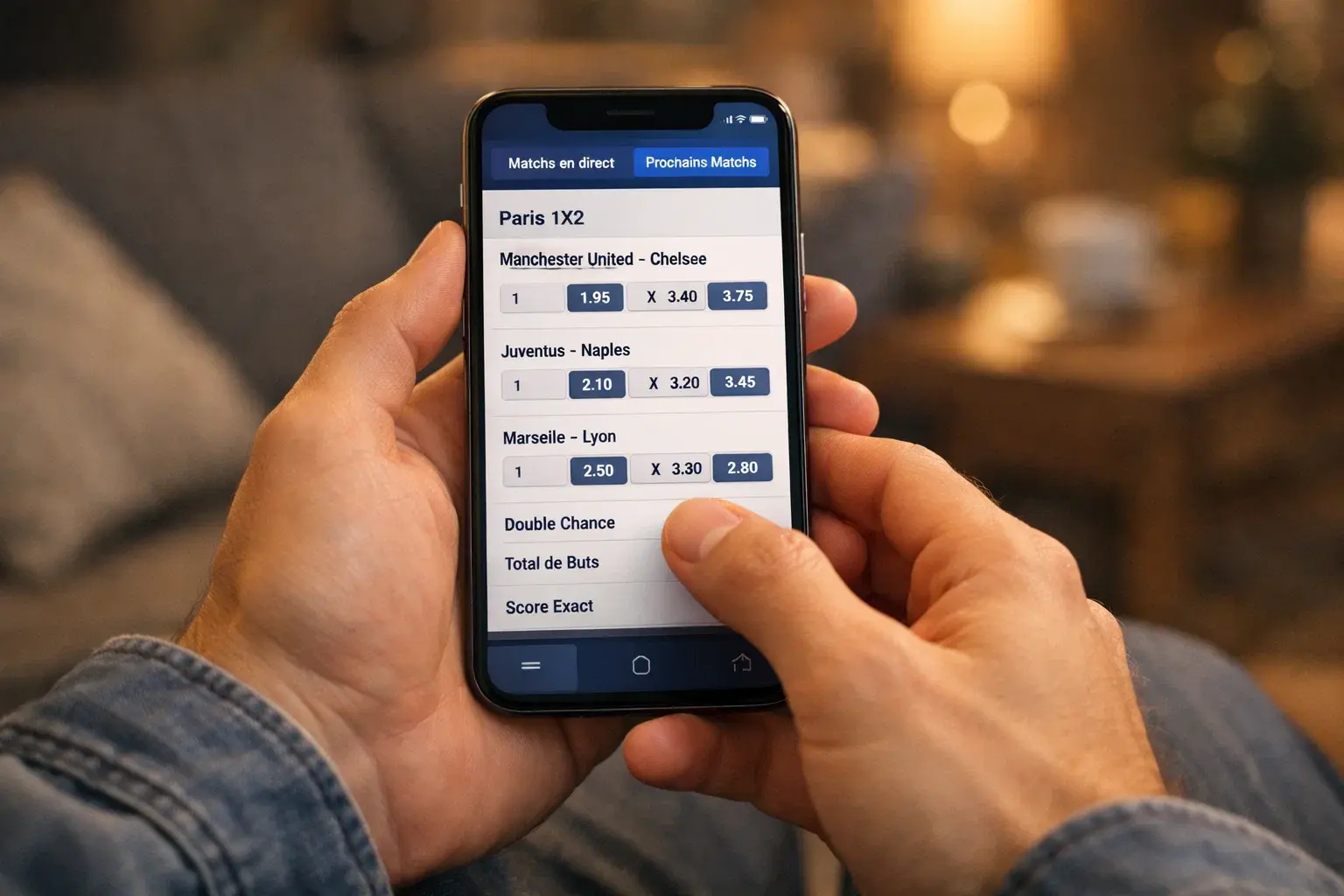 Parieur sportif consultant différentes options de paris sur son téléphone
