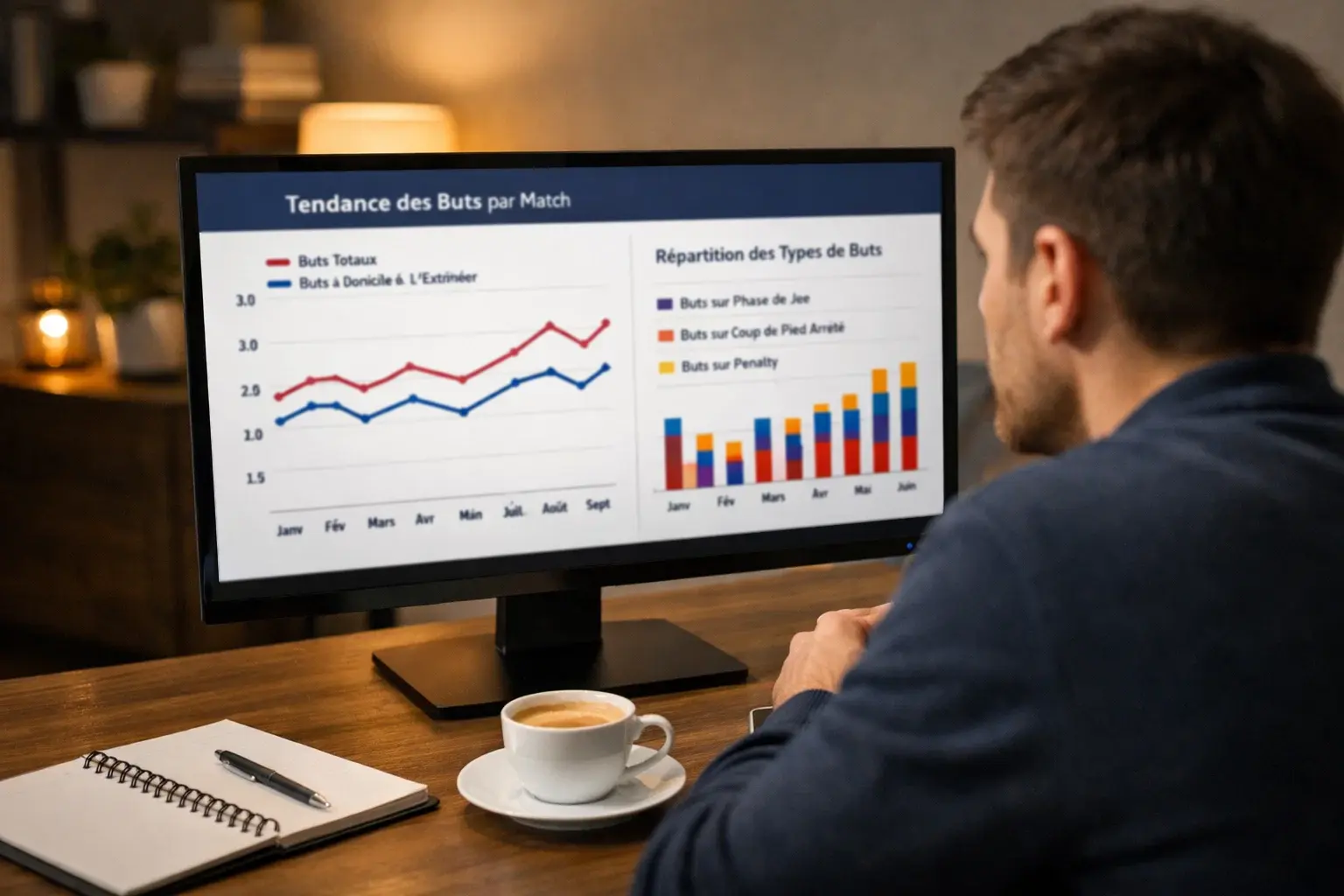 Analyste sportif étudiant des statistiques de buts sur un ordinateur