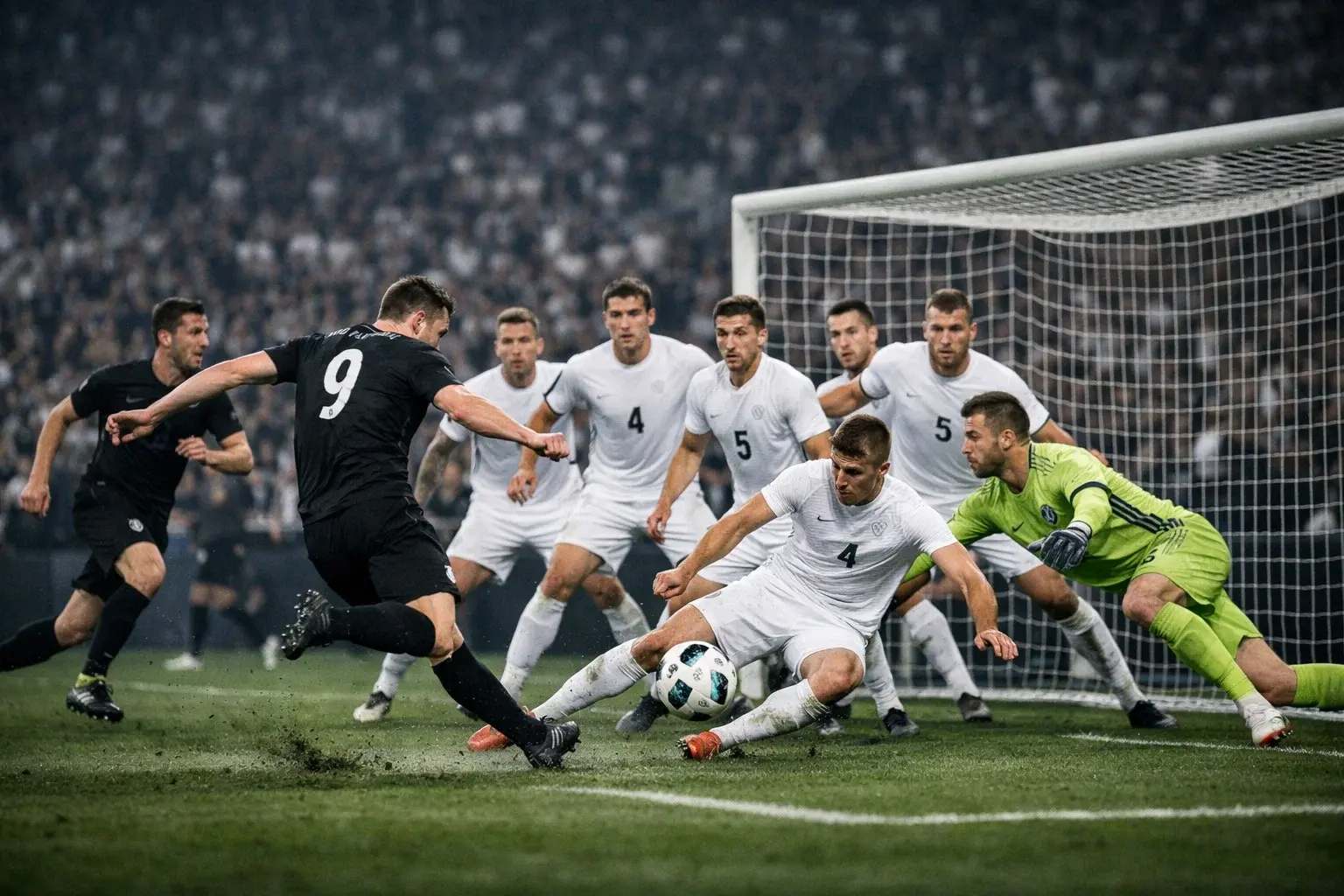 Match de football entre une grande équipe et un outsider sur un terrain professionnel