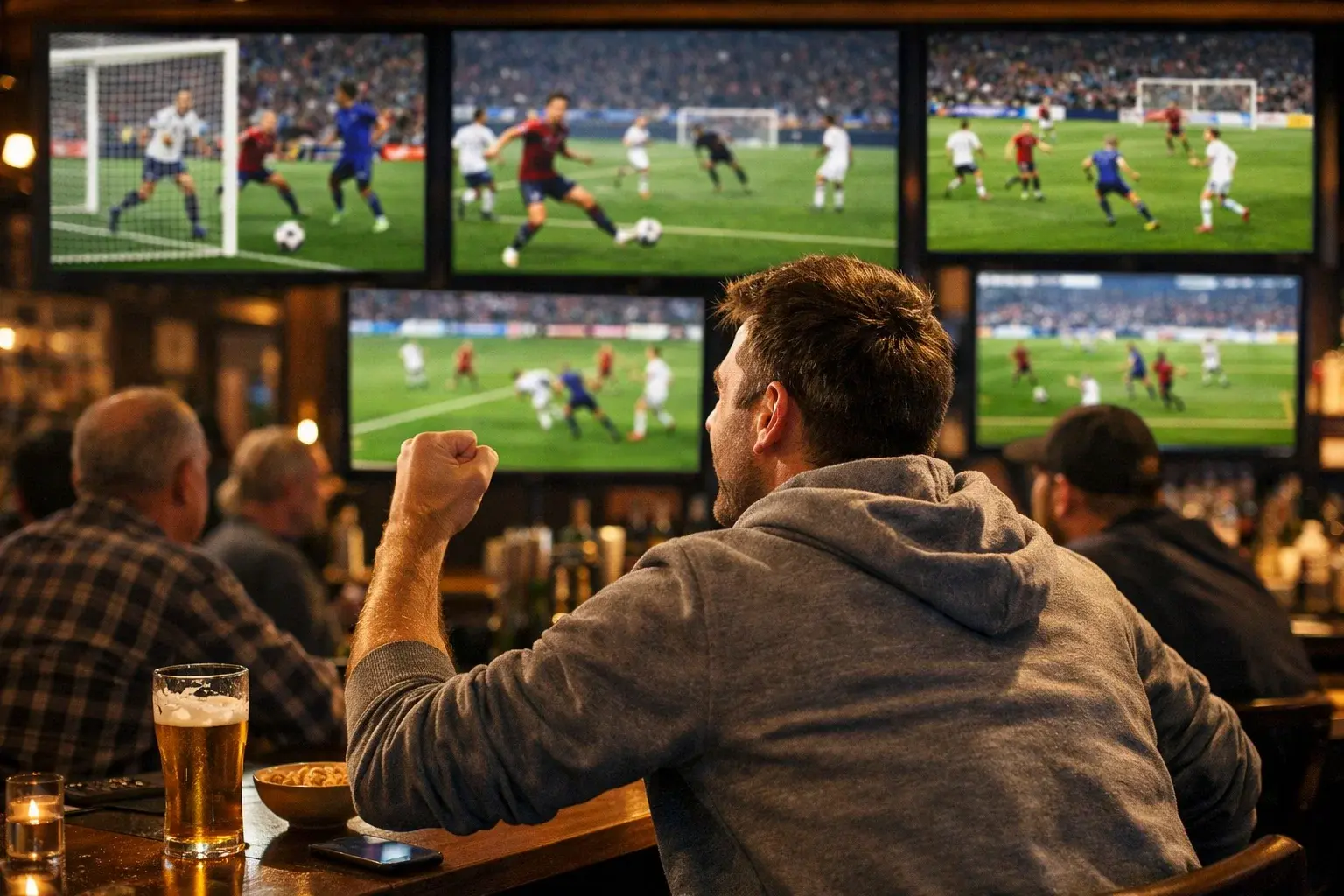 Parieur enthousiaste regardant plusieurs matchs de football simultanément