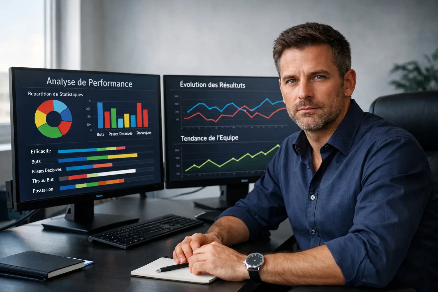 Analyste sportif étudiant des données de performance sur un écran