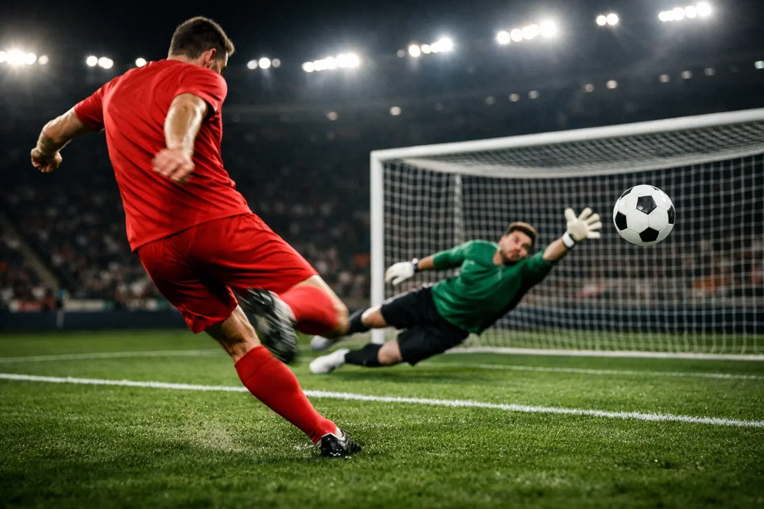 Joueur de football tirant au but sur terrain de gazon naturel