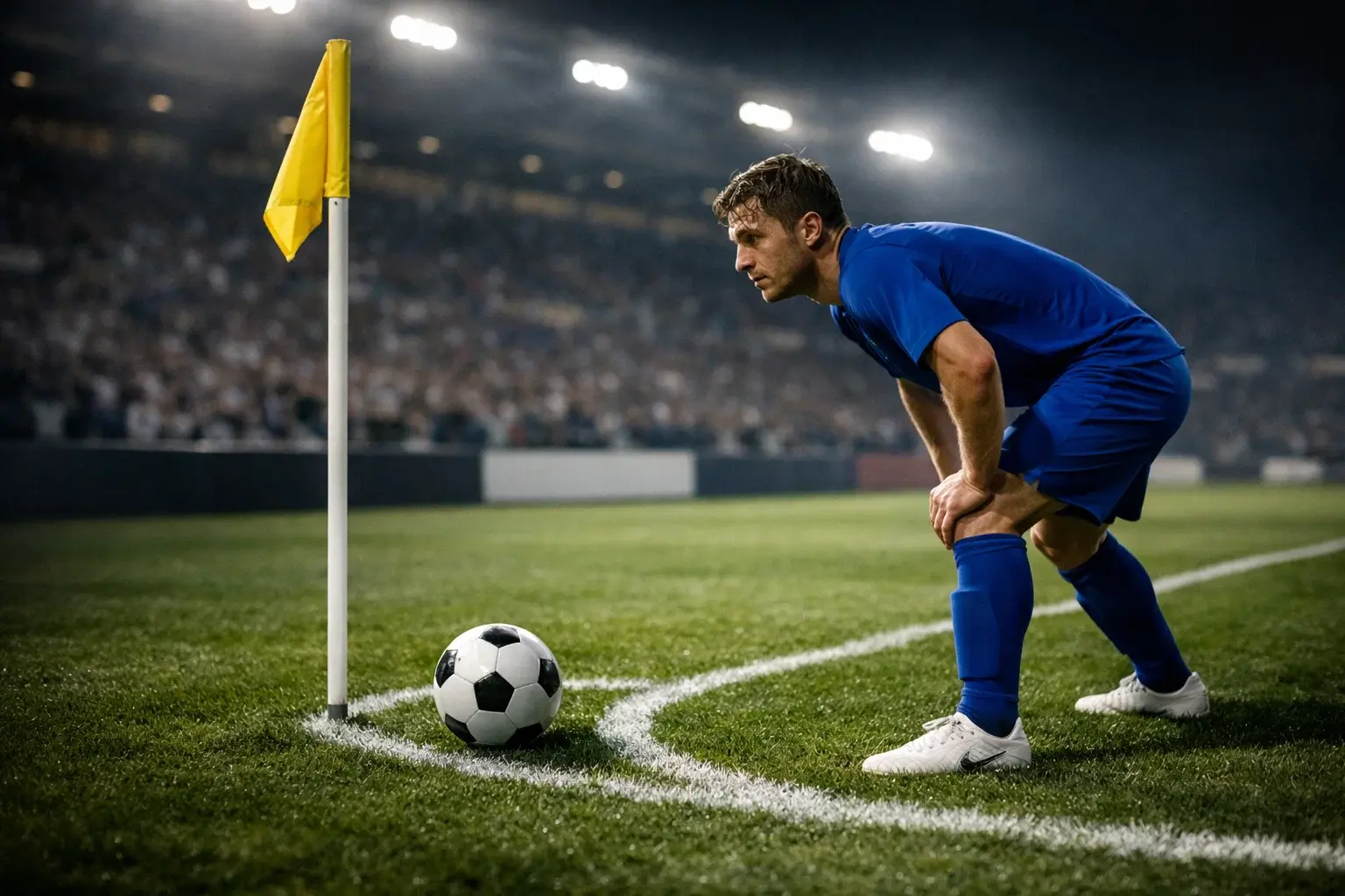 Joueur de football exécutant un corner lors d'un match