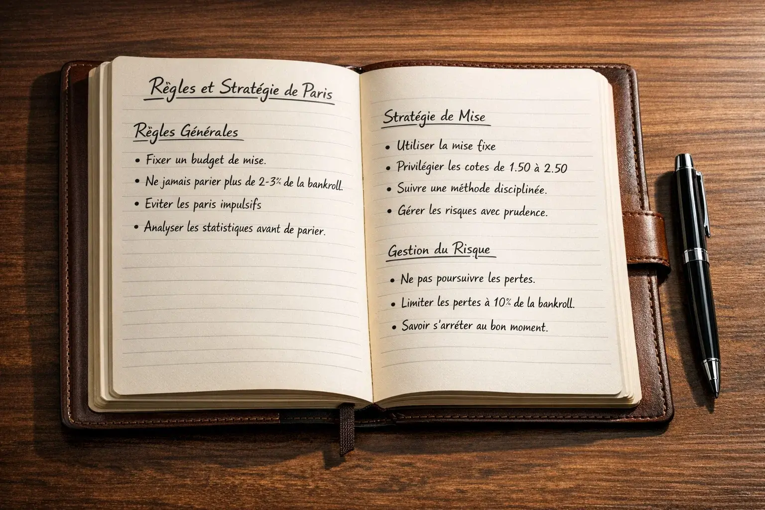 Carnet de règles de paris avec stratégie de mise clairement définie
