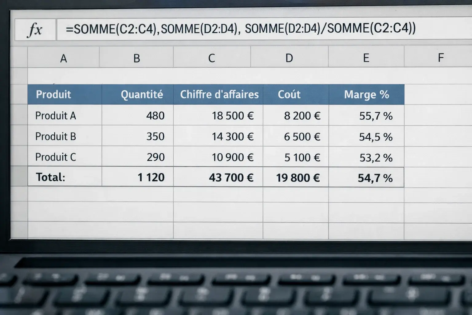 Gros plan sur des cellules de tableur avec formules de calcul