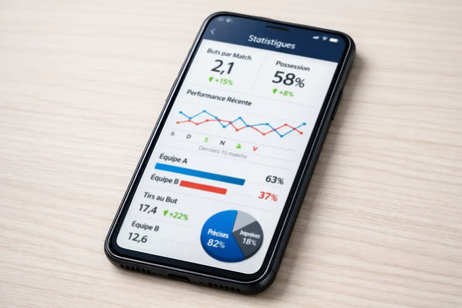 Interface d'application mobile affichant des statistiques de match détaillées