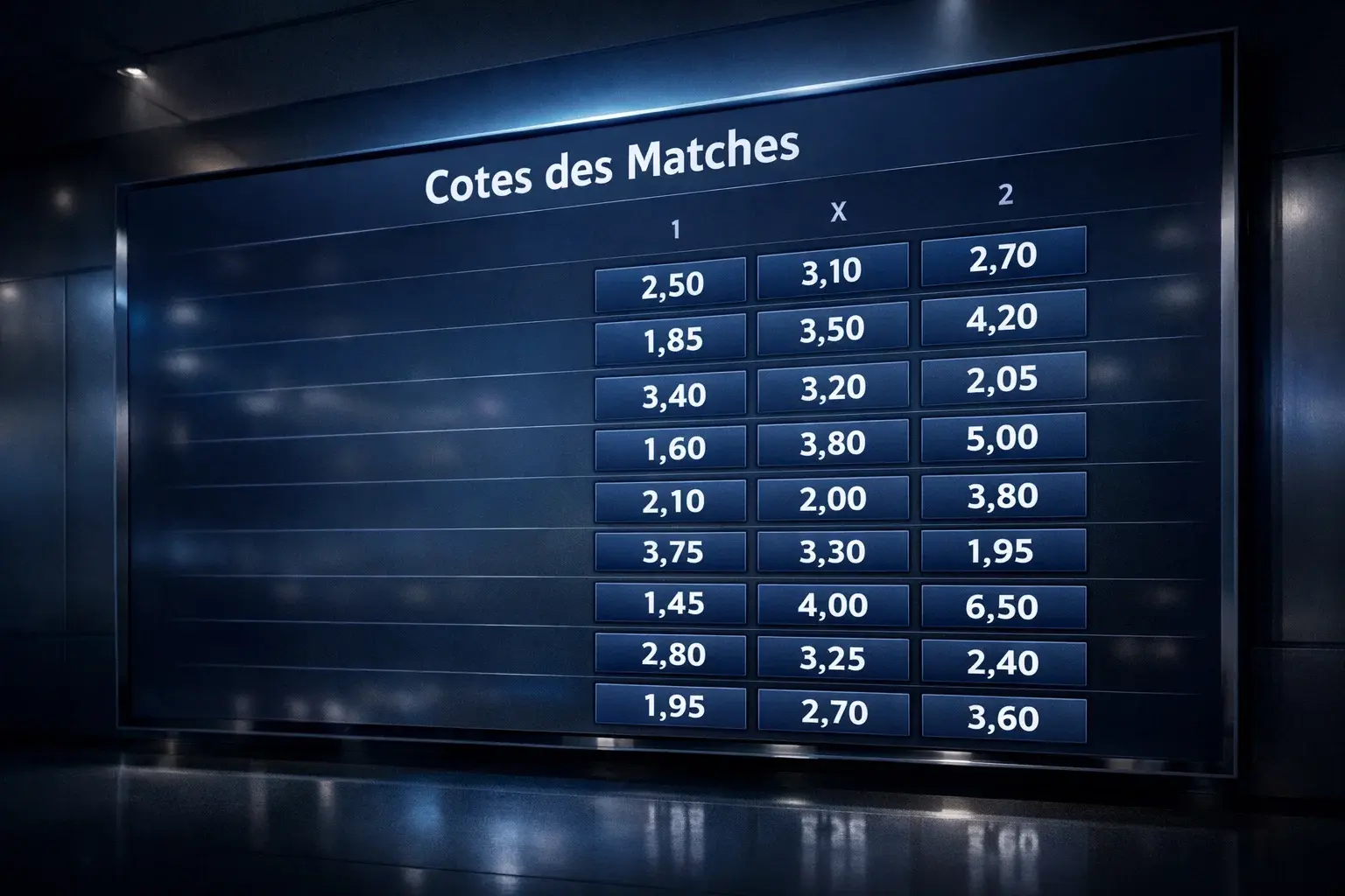 Tableau de cotes sportives affiché sur un écran professionnel