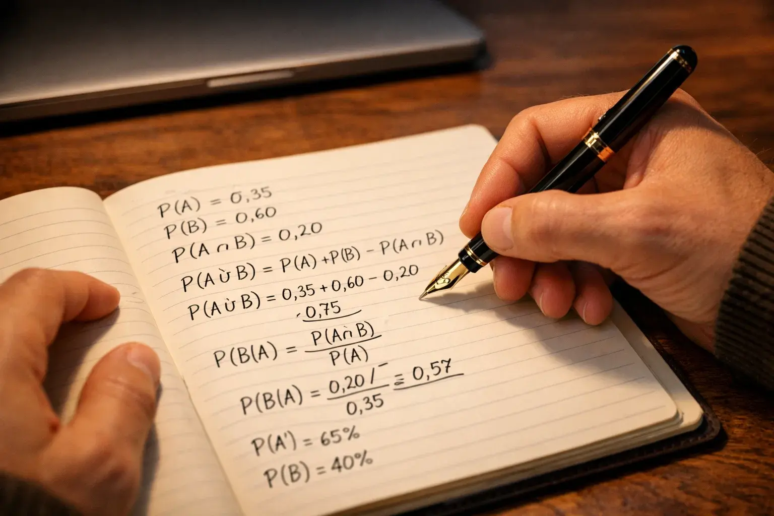 Personne calculant des probabilités avec un stylo et des notes