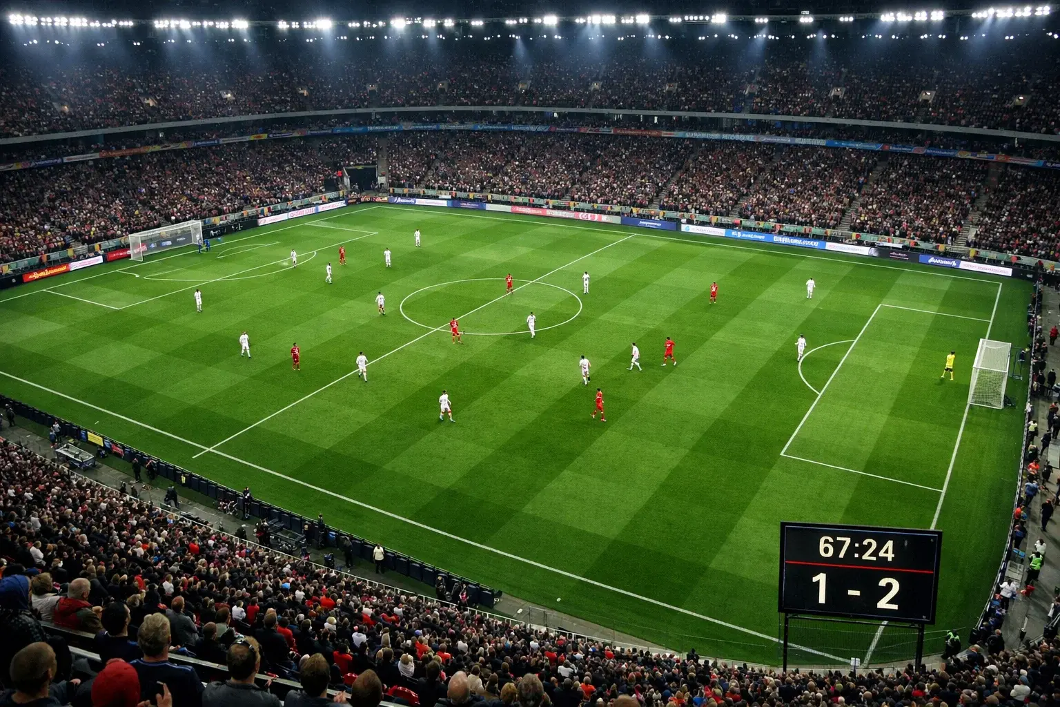 Match de football en cours sur un terrain avec tableau d'affichage