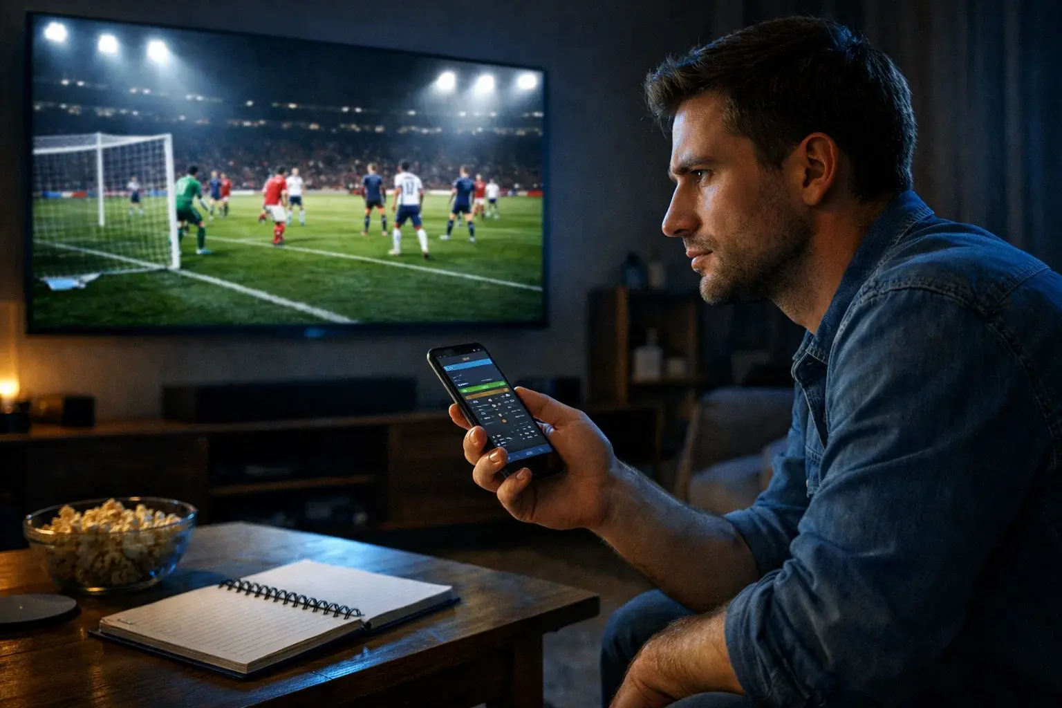 Parieur concentré devant un match de football en direct sur grand écran