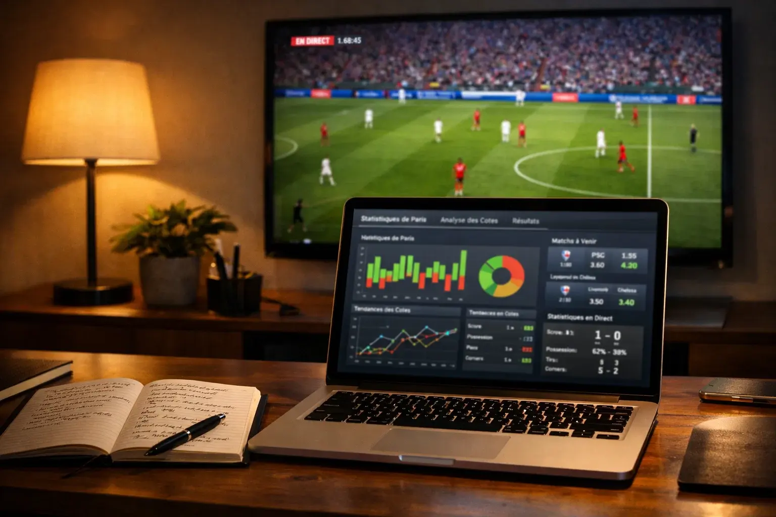 Espace de travail avec ordinateur portable et télévision diffusant un match