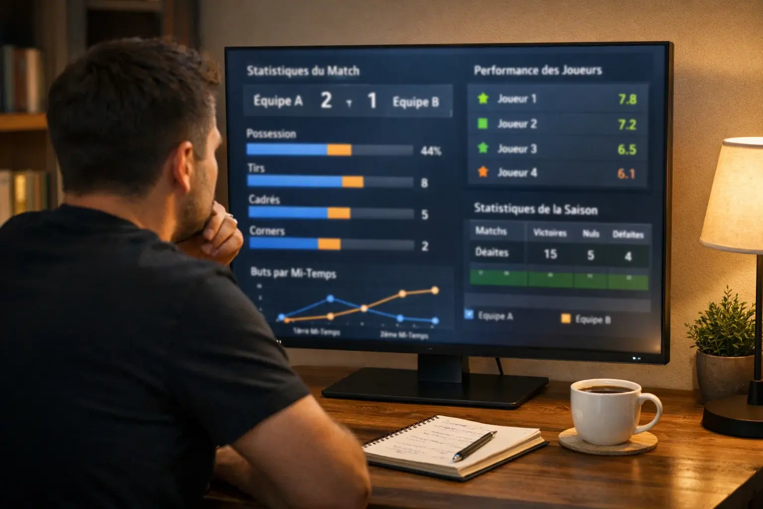 Analyste sportif consultant des statistiques xG sur un écran d'ordinateur