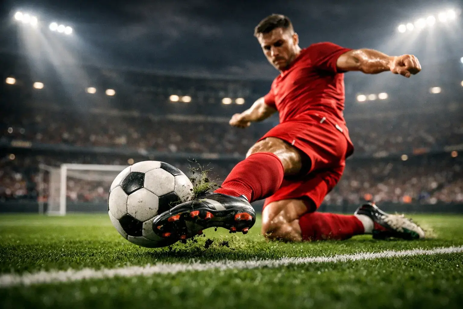 Joueur de football tirant au but dans un stade avec analyse statistique