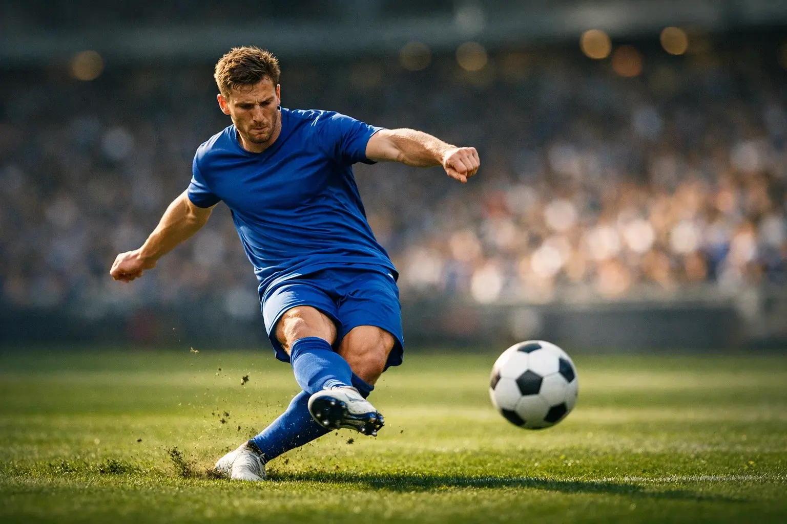 Milieu de terrain effectuant une passe décisive sur un terrain de football