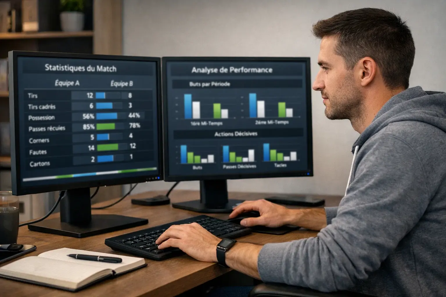 Parieur sportif analysant des données de football sur plusieurs écrans