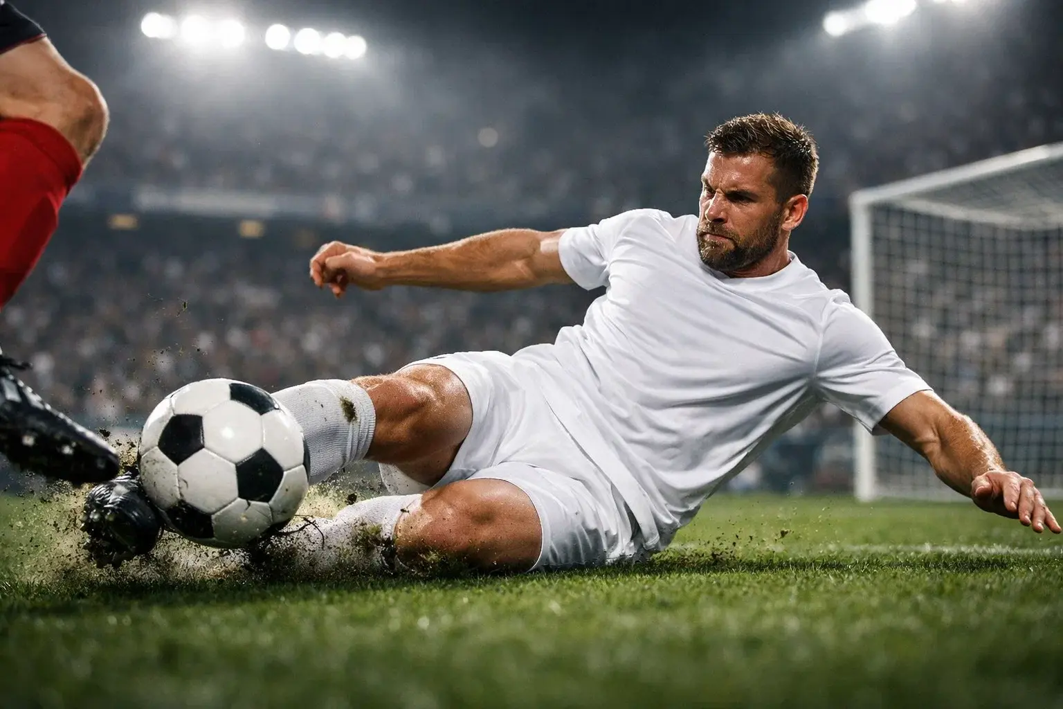 Défenseur de football bloquant un tir adverse dans la surface de réparation