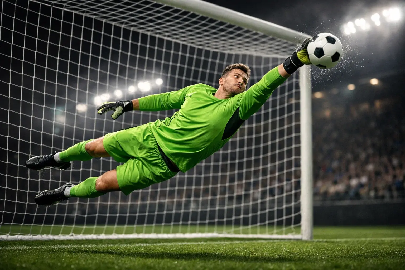 Gardien de but effectuant un arrêt spectaculaire lors d'un match de football