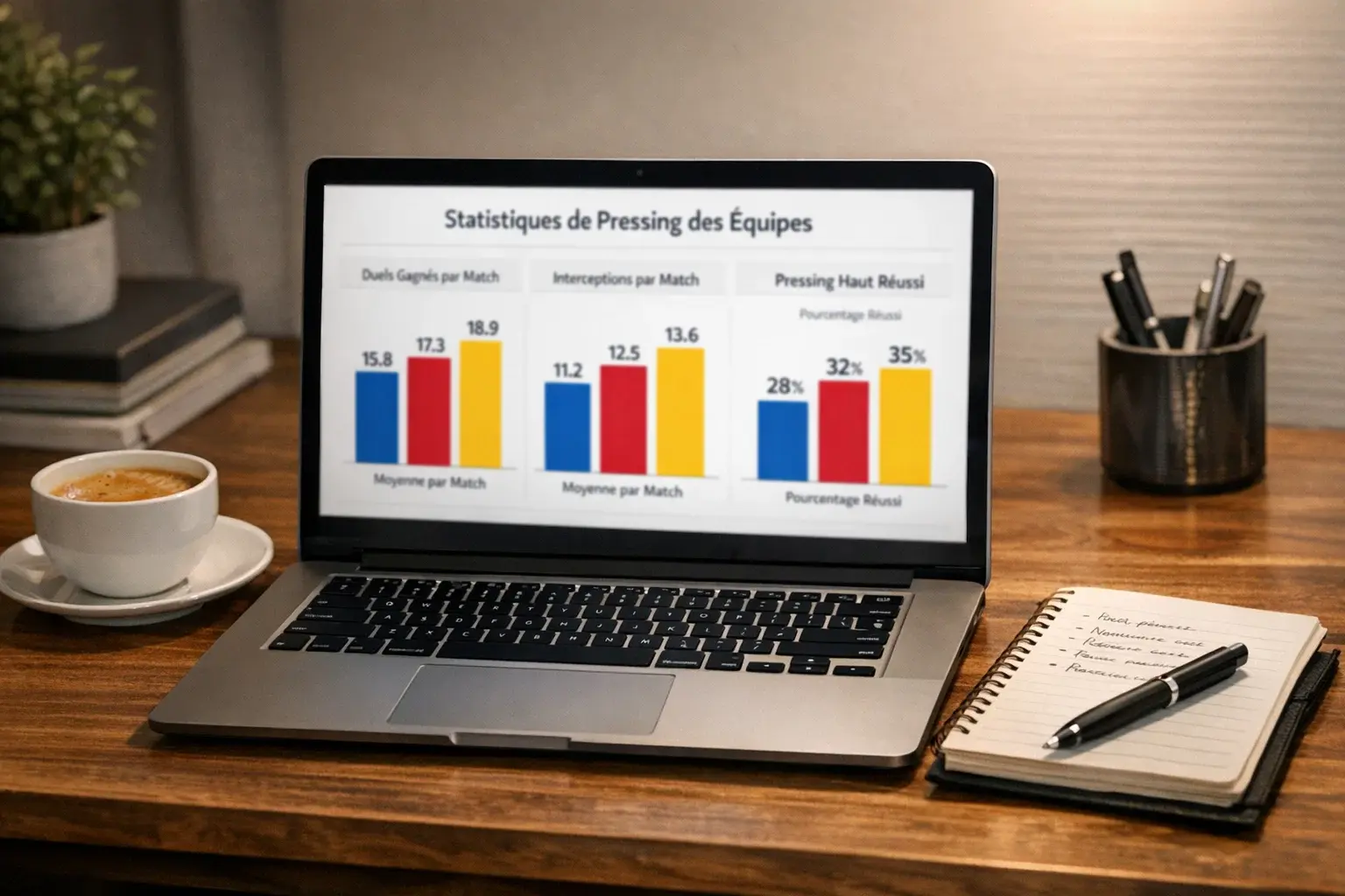 Écran d'ordinateur affichant des statistiques de pressing pour différentes équipes de football