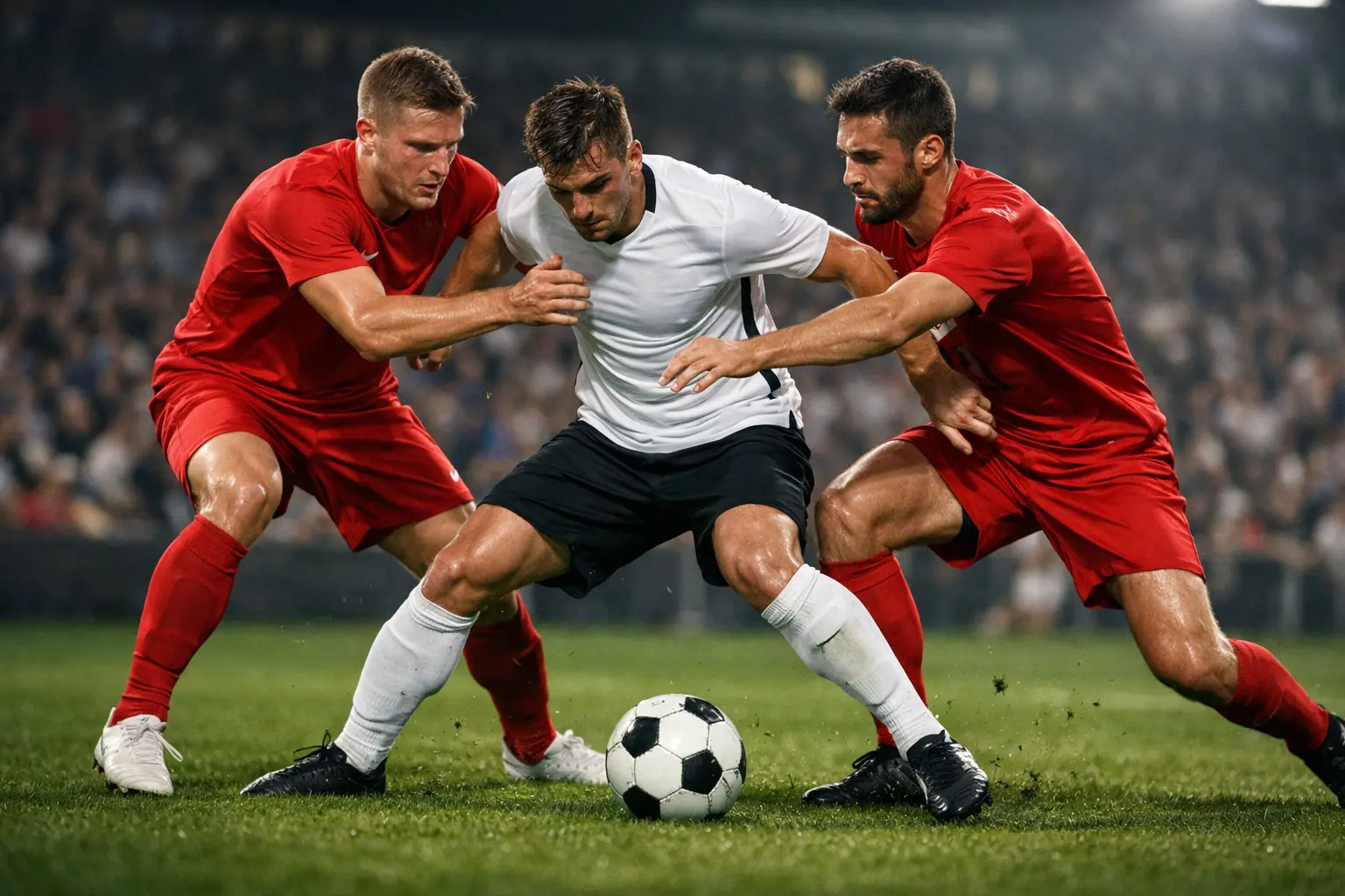 Joueurs de football effectuant un pressing intense sur le porteur de balle