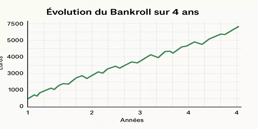 Graphique montrant l'évolution positive d'une bankroll sur 4 ans avec la règle des 3%