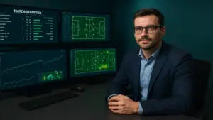 Espace de travail professionnel d'analyse football avec écrans multiples