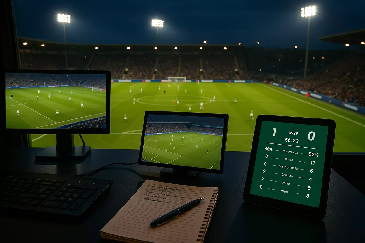 Vue depuis la cabine d'analyste pendant un match en direct avec écrans multiples