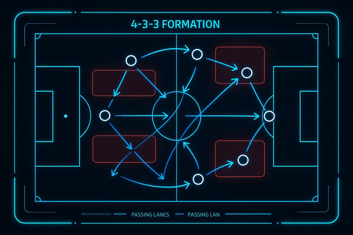 Tableau tactique numérique montrant la formation 4-3-3 avec mouvements des joueurs