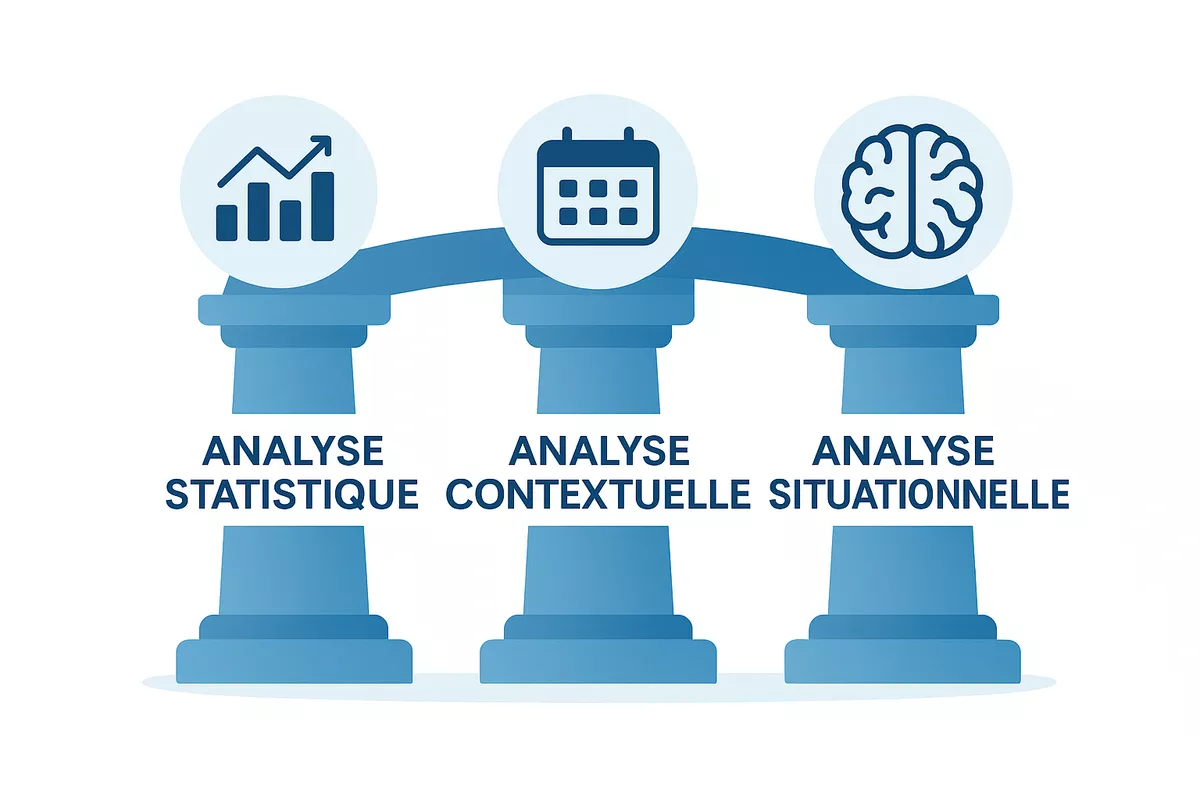 Infographie des trois piliers de l'analyse sportive : Statistique, Contextuelle et Situationnelle